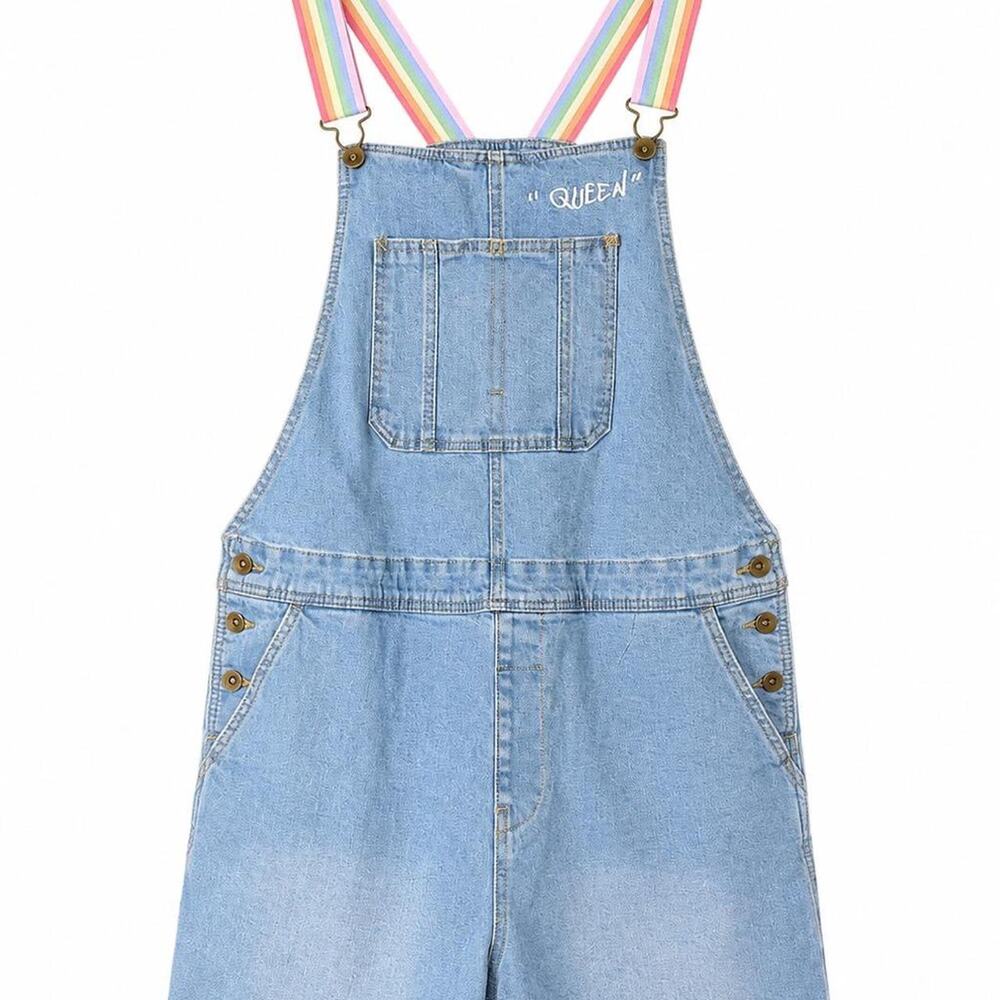 Rainbow Strap Denim Romper Overalls “Queen” Embroidered Trendy Y2K Cottagecore‎